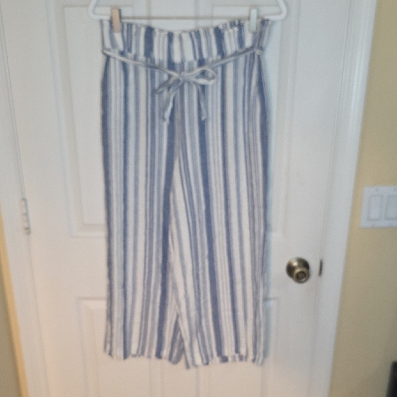 Land'n Sea Striped Blue and Cream Women's Linen Pants - Picture 1 of 4